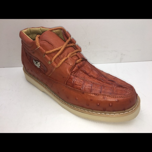Men’s Crocodile/Ostrich Print Leather Shoes Cognac - Picture 4 of 5